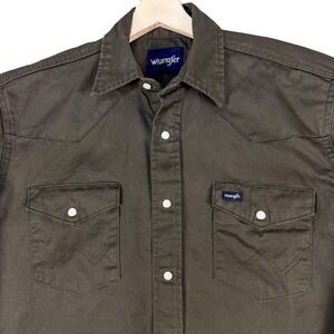 Wrangler Shirt Mens Medium Green Twill Western Pearl Snap Long Sleeve Cowboy